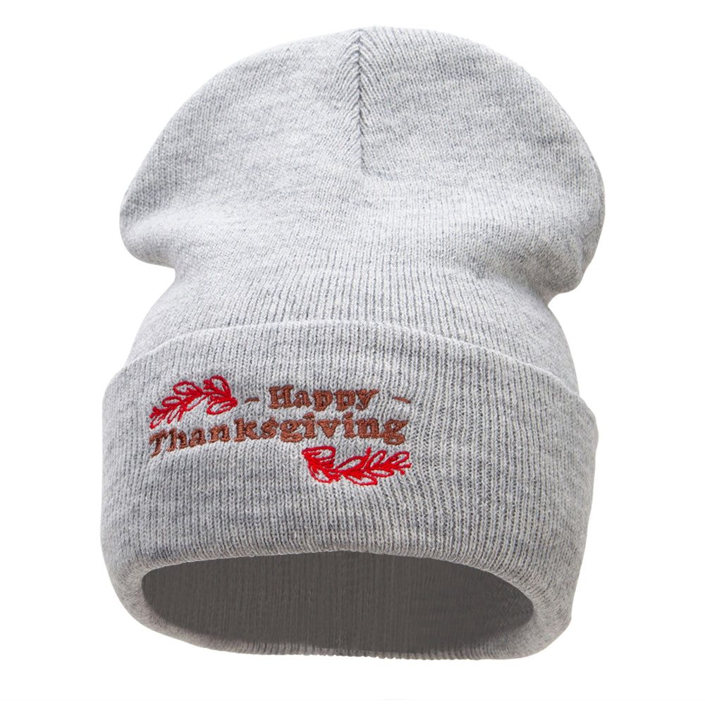 Happy Thanksgiving Embroidered Knitted Long Beanie - Heather Grey OSFM