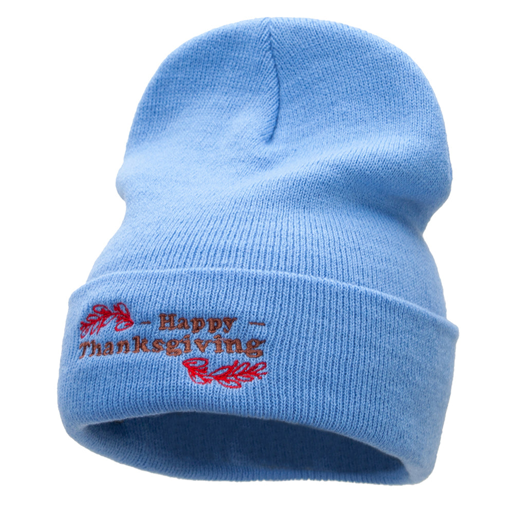 Happy Thanksgiving Embroidered Knitted Long Beanie - Sky Blue OSFM