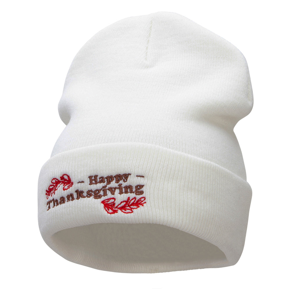 Happy Thanksgiving Embroidered Knitted Long Beanie - White OSFM