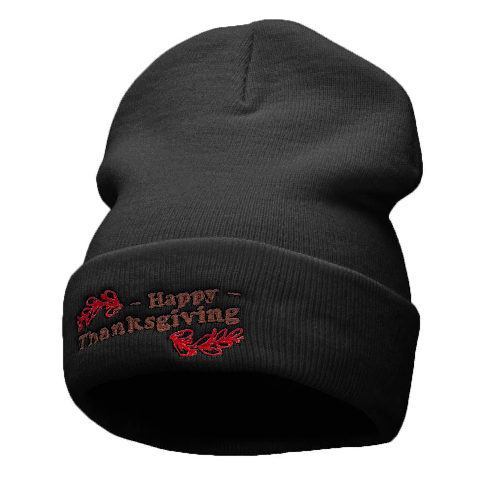Happy Thanksgiving Embroidered Knitted Long Beanie - Black OSFM