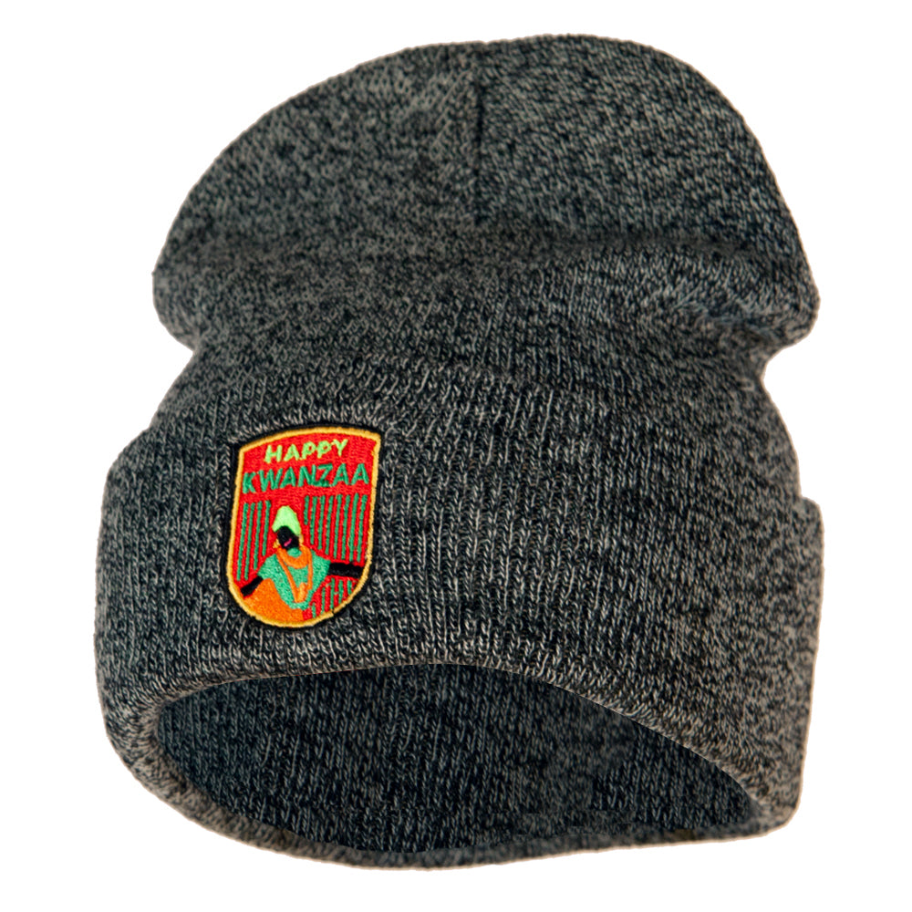 Happy Kwanzaa Badge Embroidered Knitted Long Beanie - Black Marled OSFM