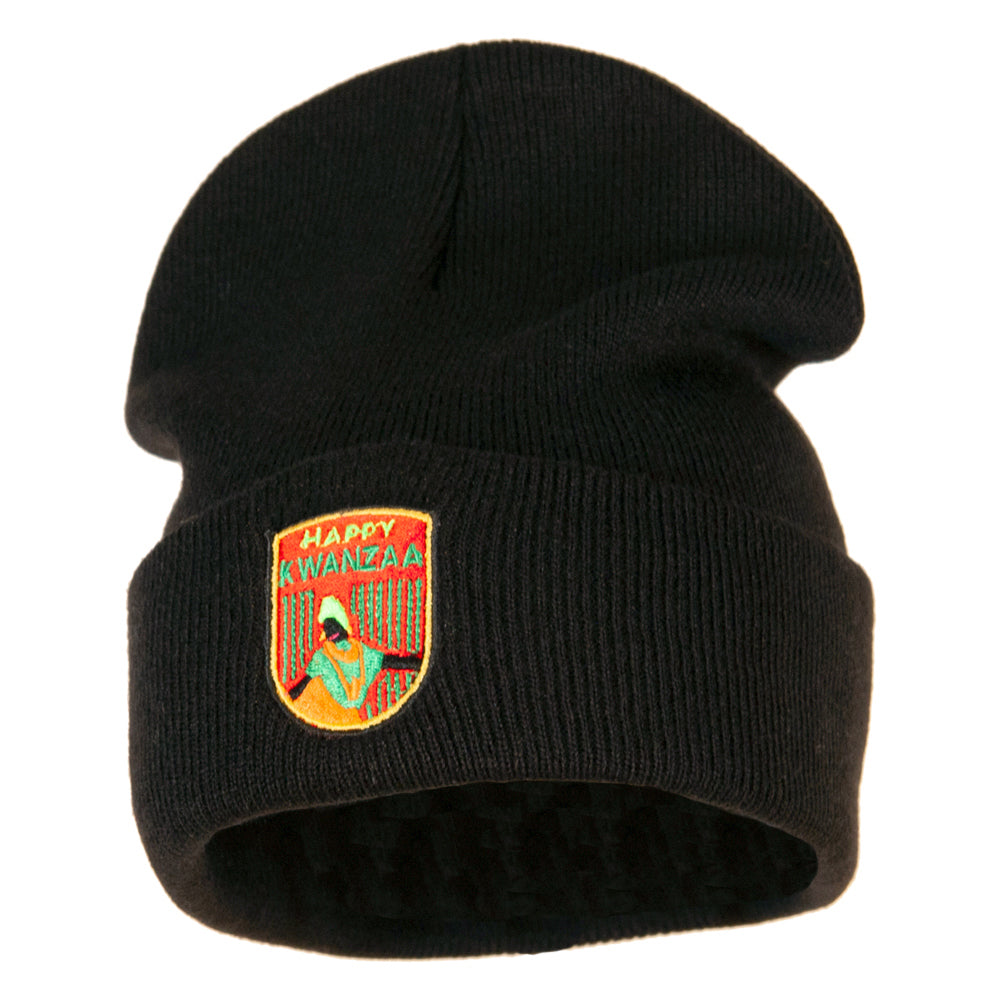 Happy Kwanzaa Badge Embroidered Knitted Long Beanie - Black OSFM