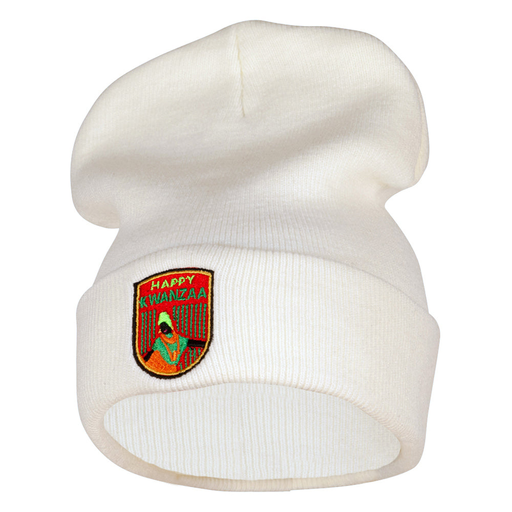 Happy Kwanzaa Badge Embroidered Knitted Long Beanie - White OSFM