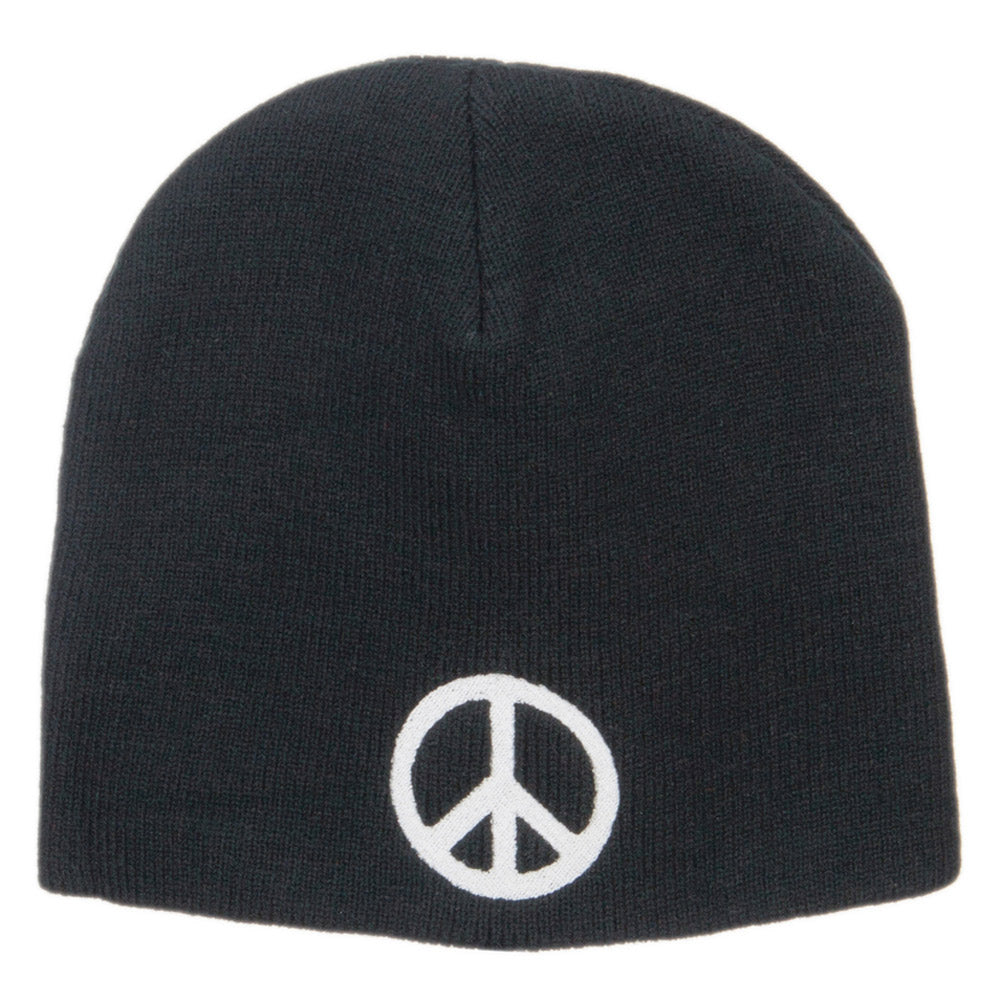 Peace Symbol Embroidered Short Beanie - Black OSFM