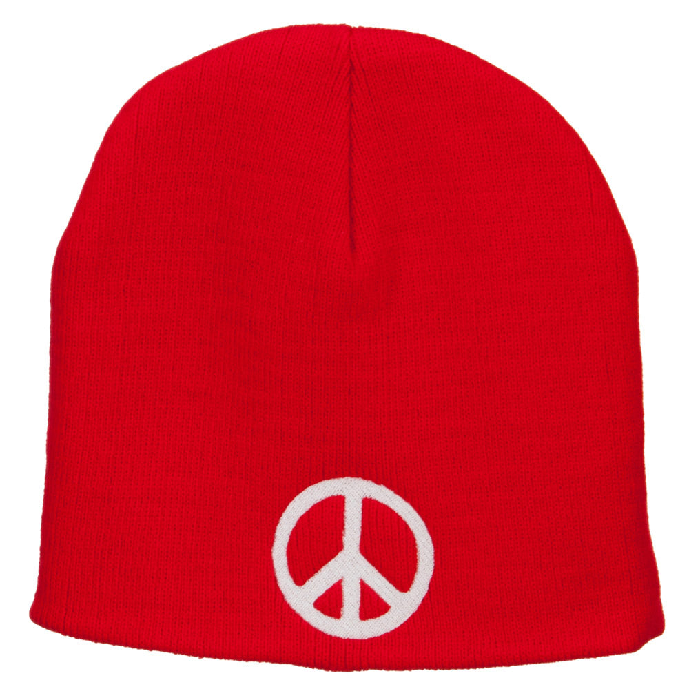 Peace Symbol Embroidered Short Beanie - Red OSFM