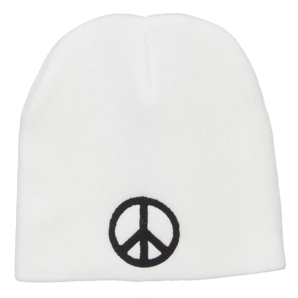 Peace Symbol Embroidered Short Beanie - White OSFM