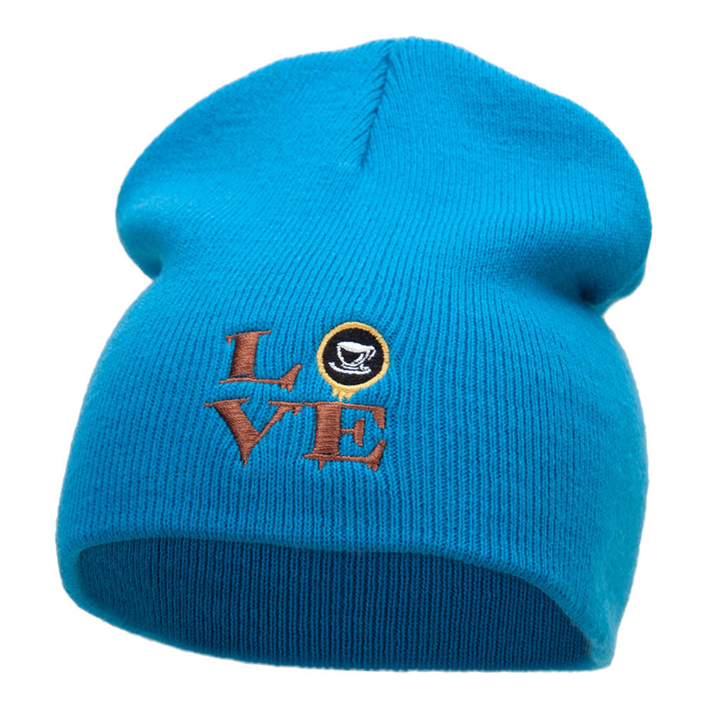 Coffee Lover Embroidered Short Knitted Beanie - Aqua OSFM