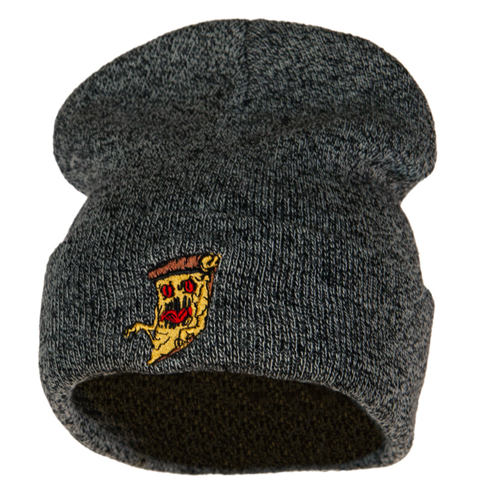 Pizza Monster Embroidered Long Knitted Beanie - Black Marled OSFM