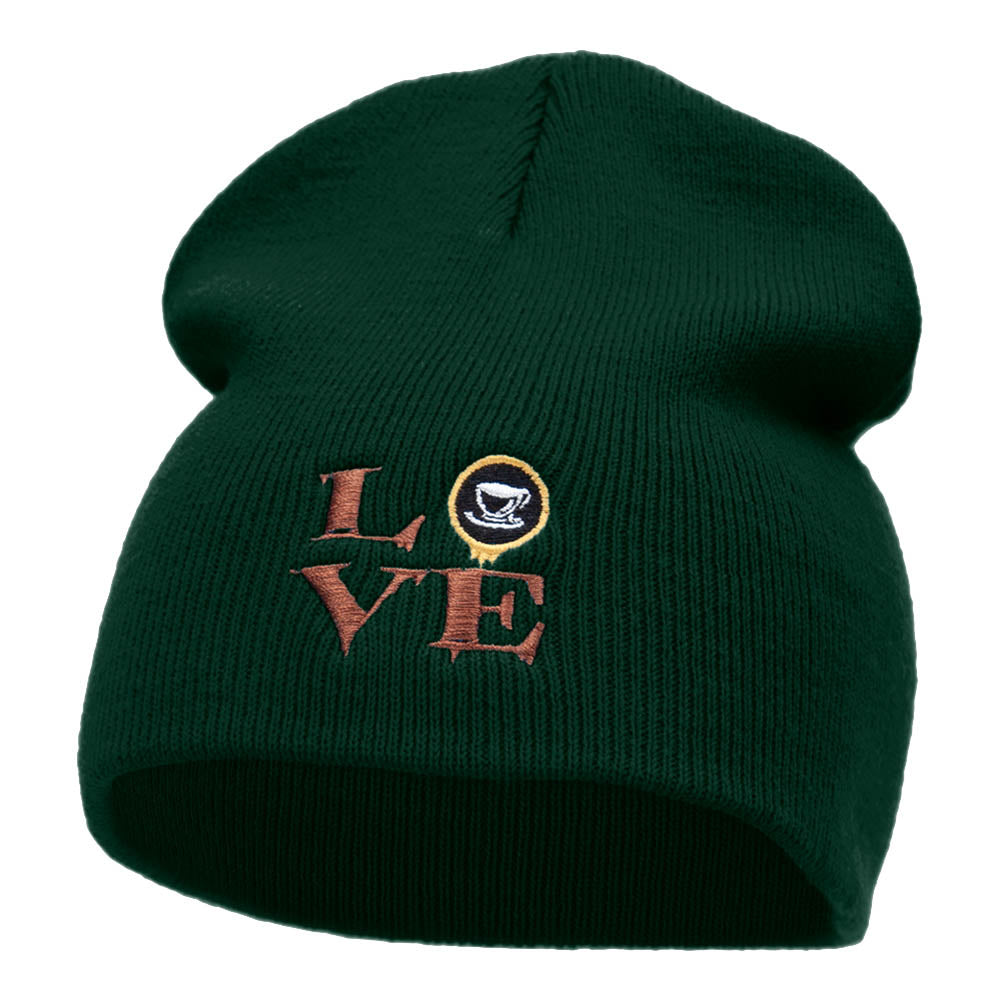 Coffee Lover Embroidered Short Knitted Beanie - Dk Green OSFM