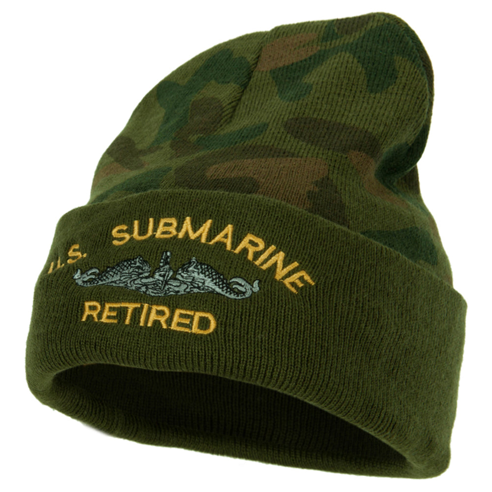 US Submarine Retired Military Embroidered Camo Long Beanie - Green OSFM