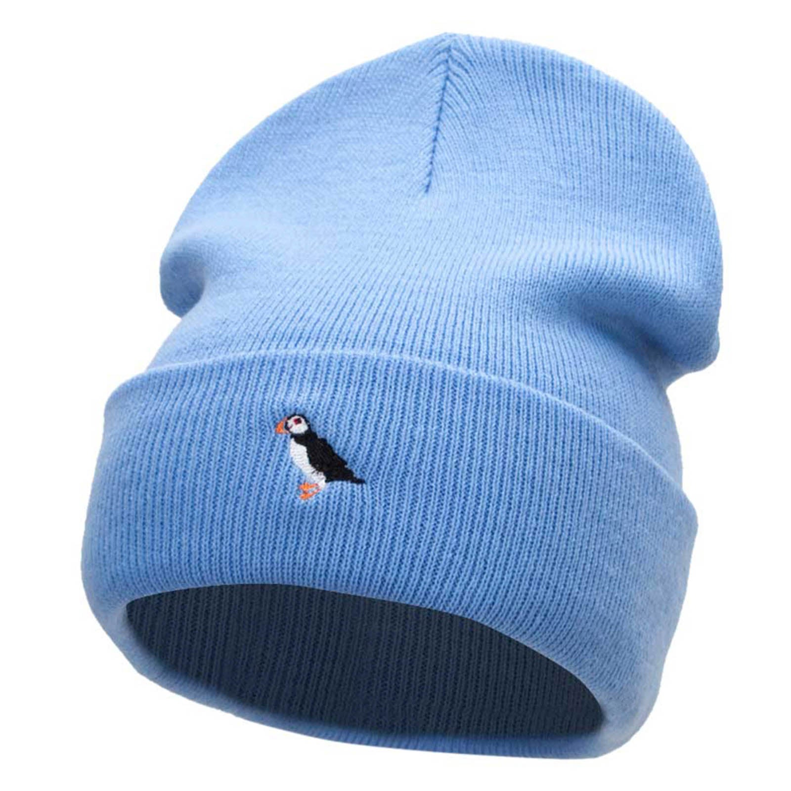 Mini Puffin Embroidered 12 Inch Long Knitted Beanie - Sky Blue OSFM