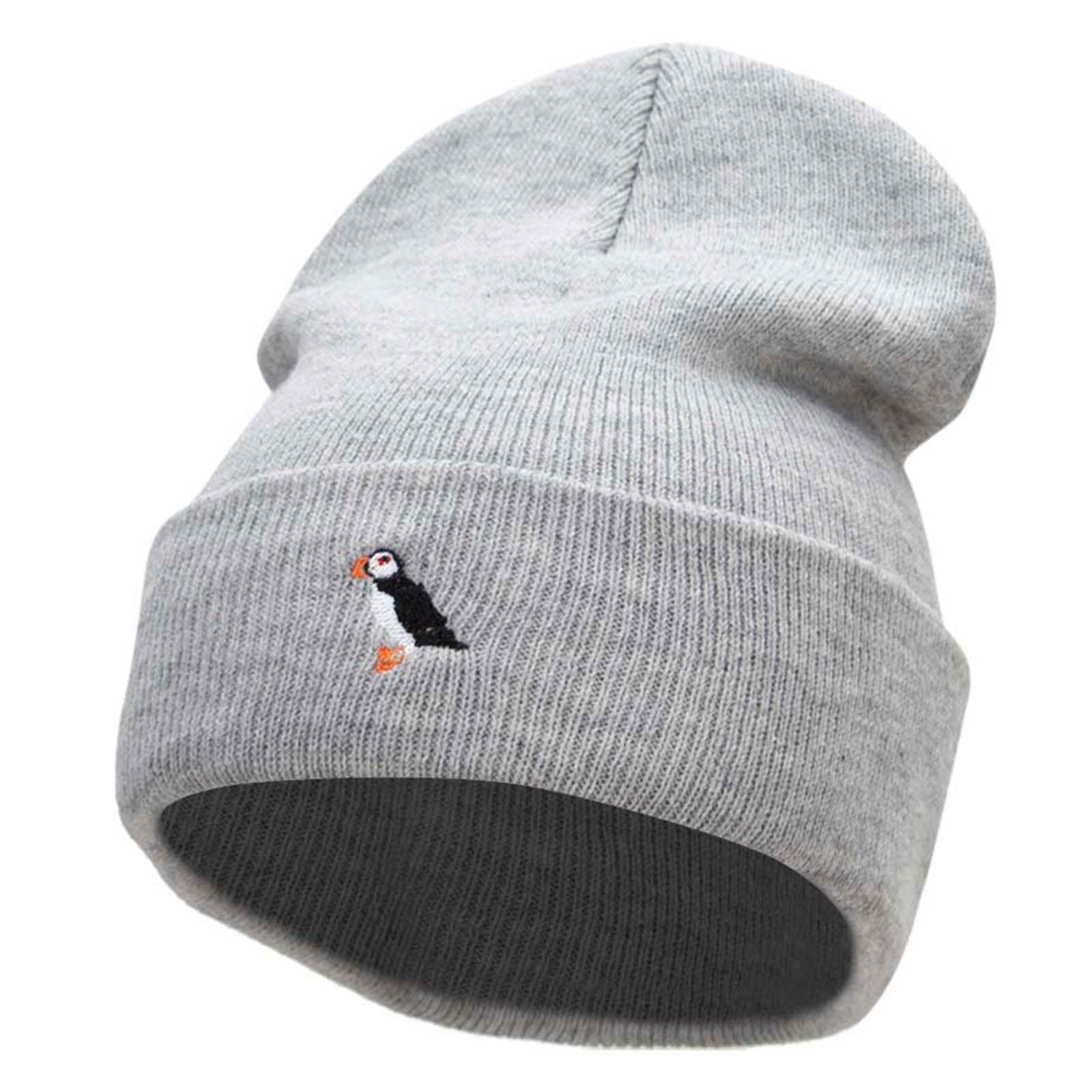 Mini Puffin Embroidered 12 Inch Long Knitted Beanie - Heather Grey OSFM