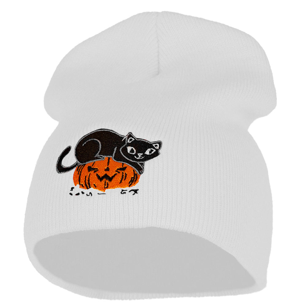 Halloween Cat and Pumpkin Embroidered Knitted Short Beanie - White OSFM