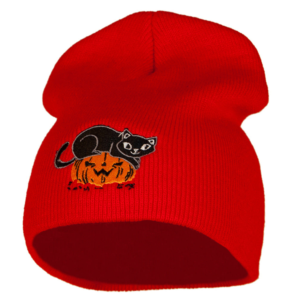 Halloween Cat and Pumpkin Embroidered Knitted Short Beanie - Red OSFM