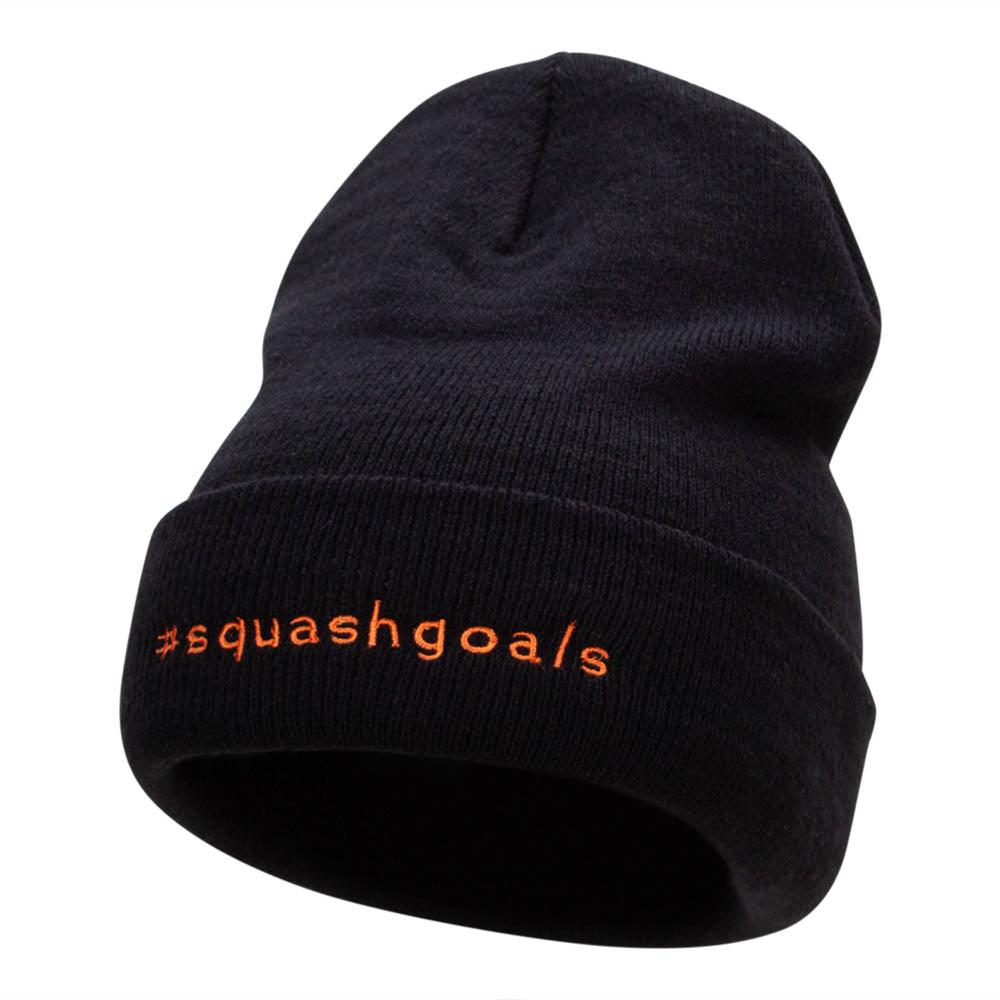 Squash Goals Phrase Embroidered Long Knitted Beanie - Black OSFM