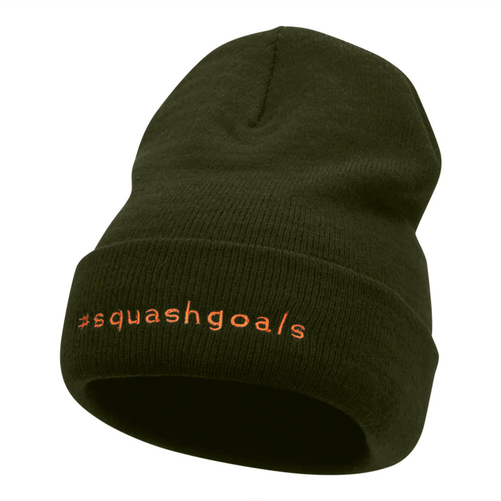 Squash Goals Phrase Embroidered Long Knitted Beanie - Olive OSFM