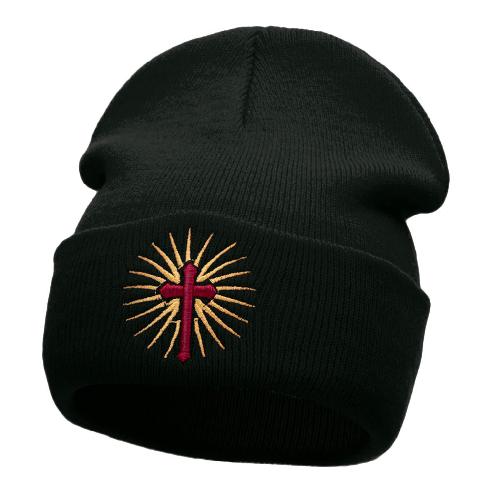 Glowing Cross Symbol Embroidered Long Knitted Beanie - Black OSFM
