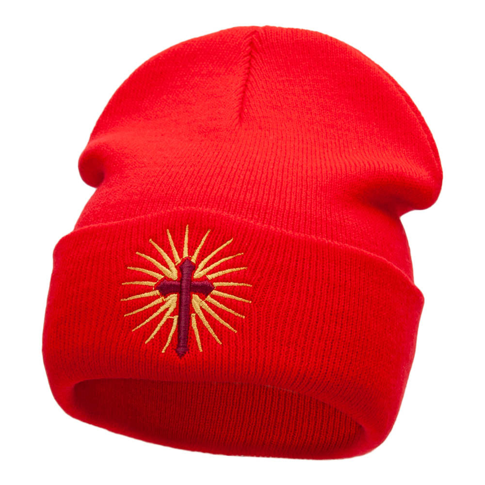 Glowing Cross Symbol Embroidered Long Knitted Beanie - Red OSFM