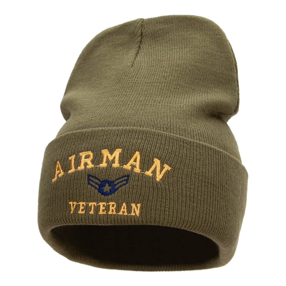 Airman Veteran Embroidered Long Knitted Beanie - Olive OSFM