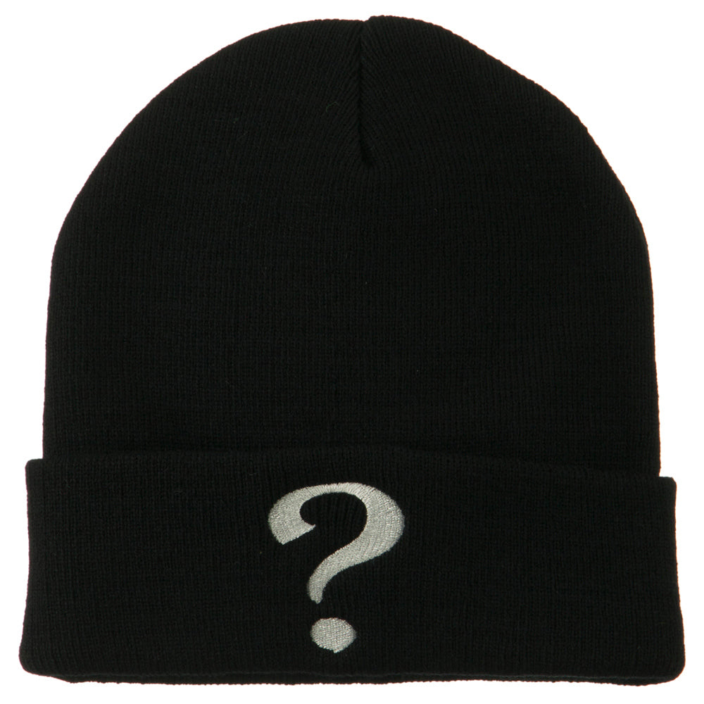 Question Mark Embroidered Long Knit Beanie - Black OSFM