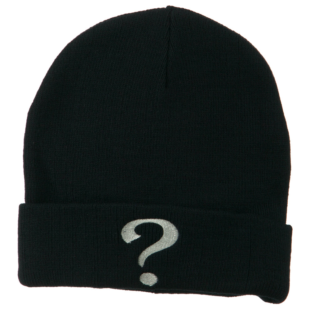 Question Mark Embroidered Long Knit Beanie - Navy OSFM