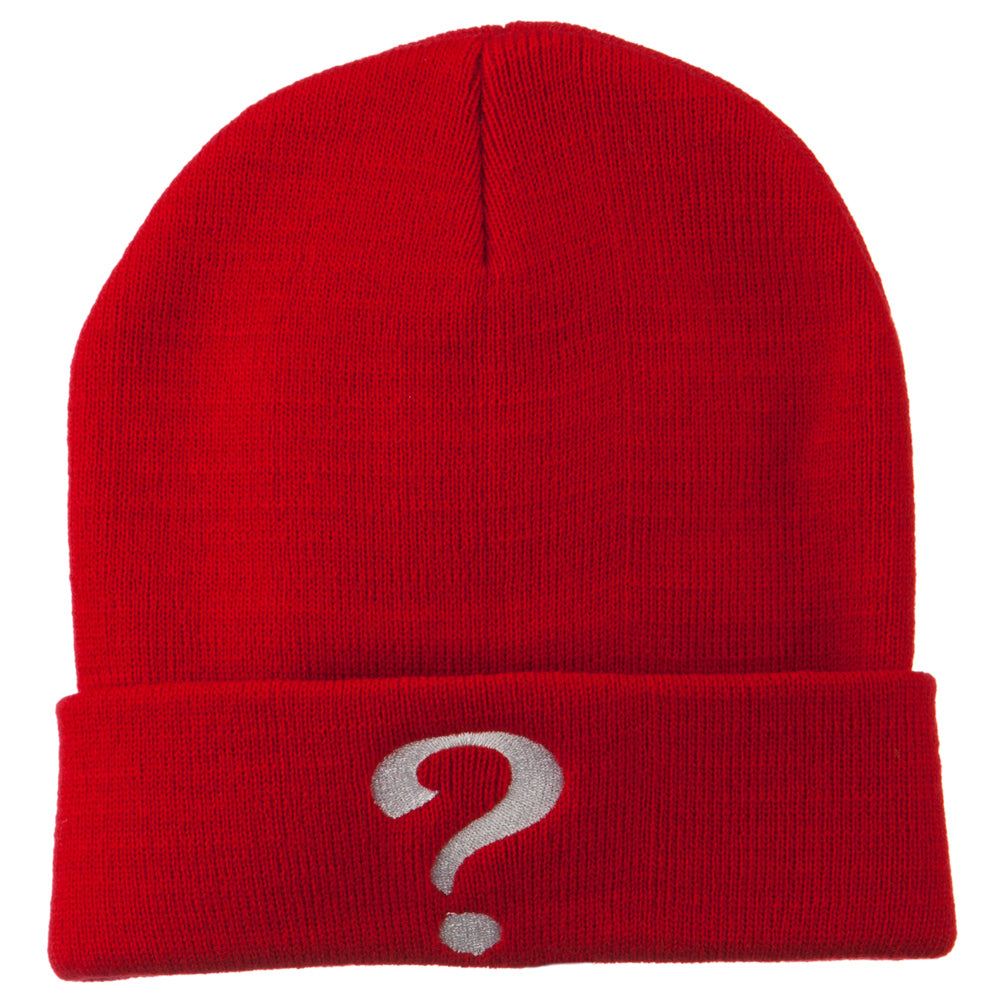 Question Mark Embroidered Long Knit Beanie - Red OSFM