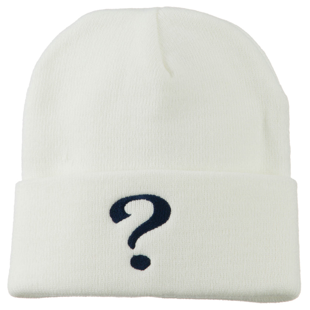 Question Mark Embroidered Long Knit Beanie - White OSFM