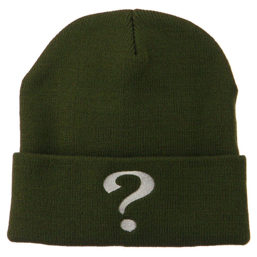 Question Mark Embroidered Long Knit Beanie - Olive OSFM