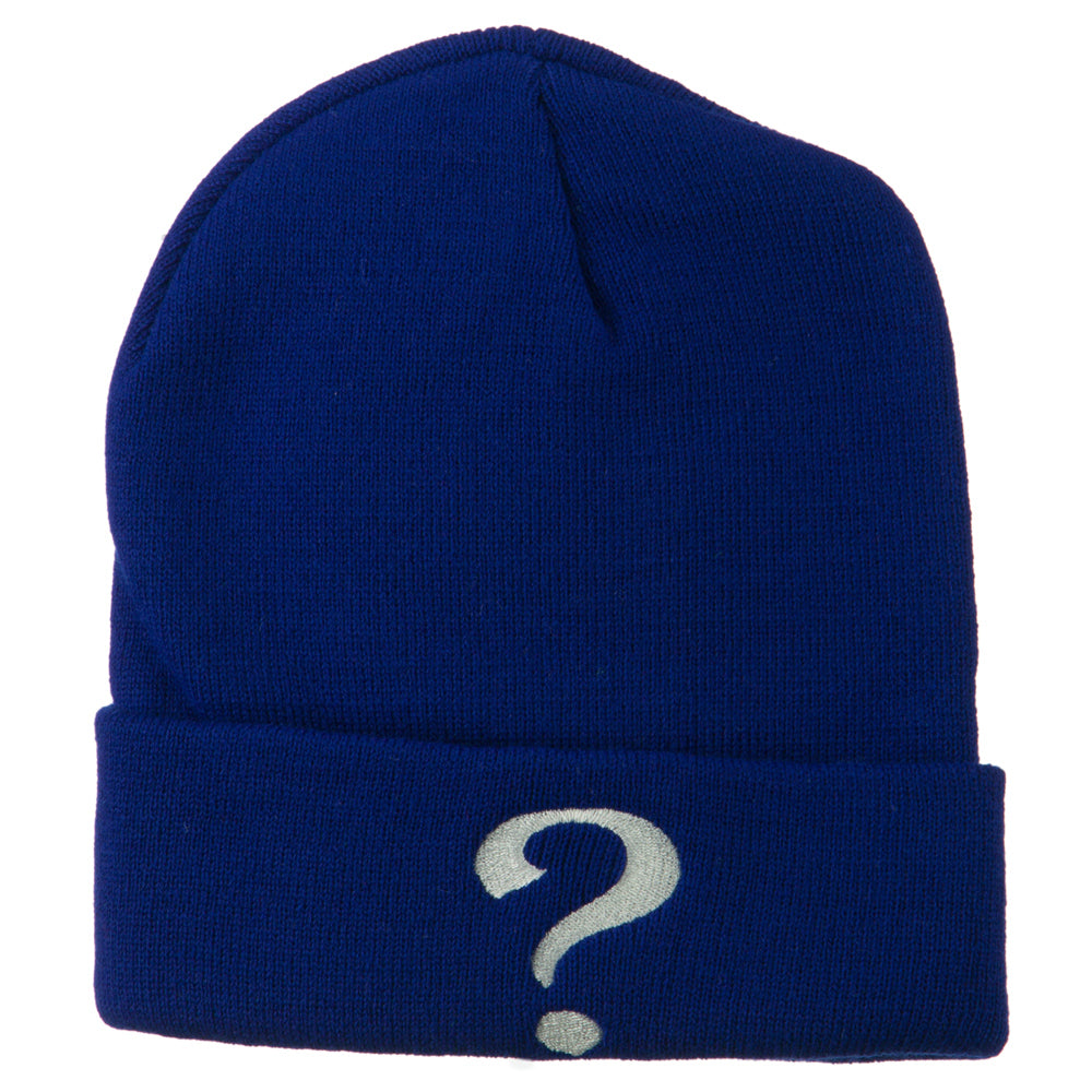 Question Mark Embroidered Long Knit Beanie - Royal OSFM