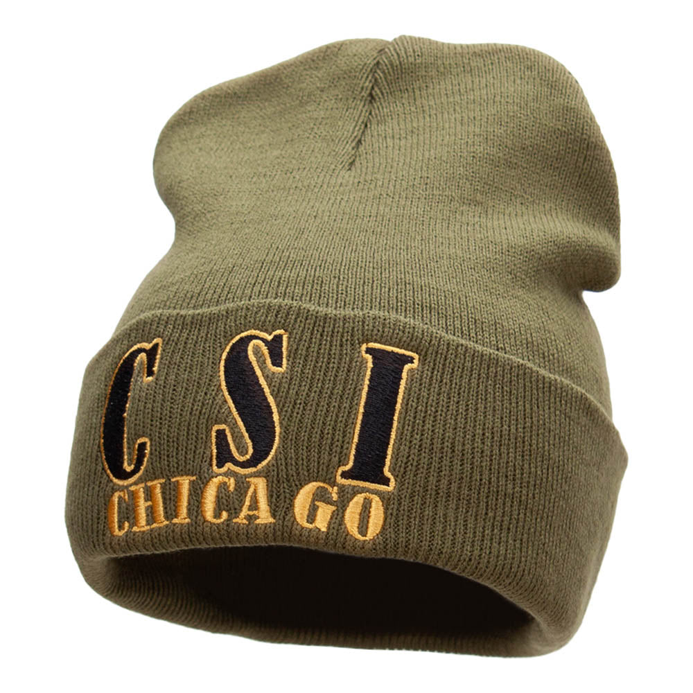 CSI Chicago Embroidered 12 Inch Long Knitted Beanie - Olive OSFM