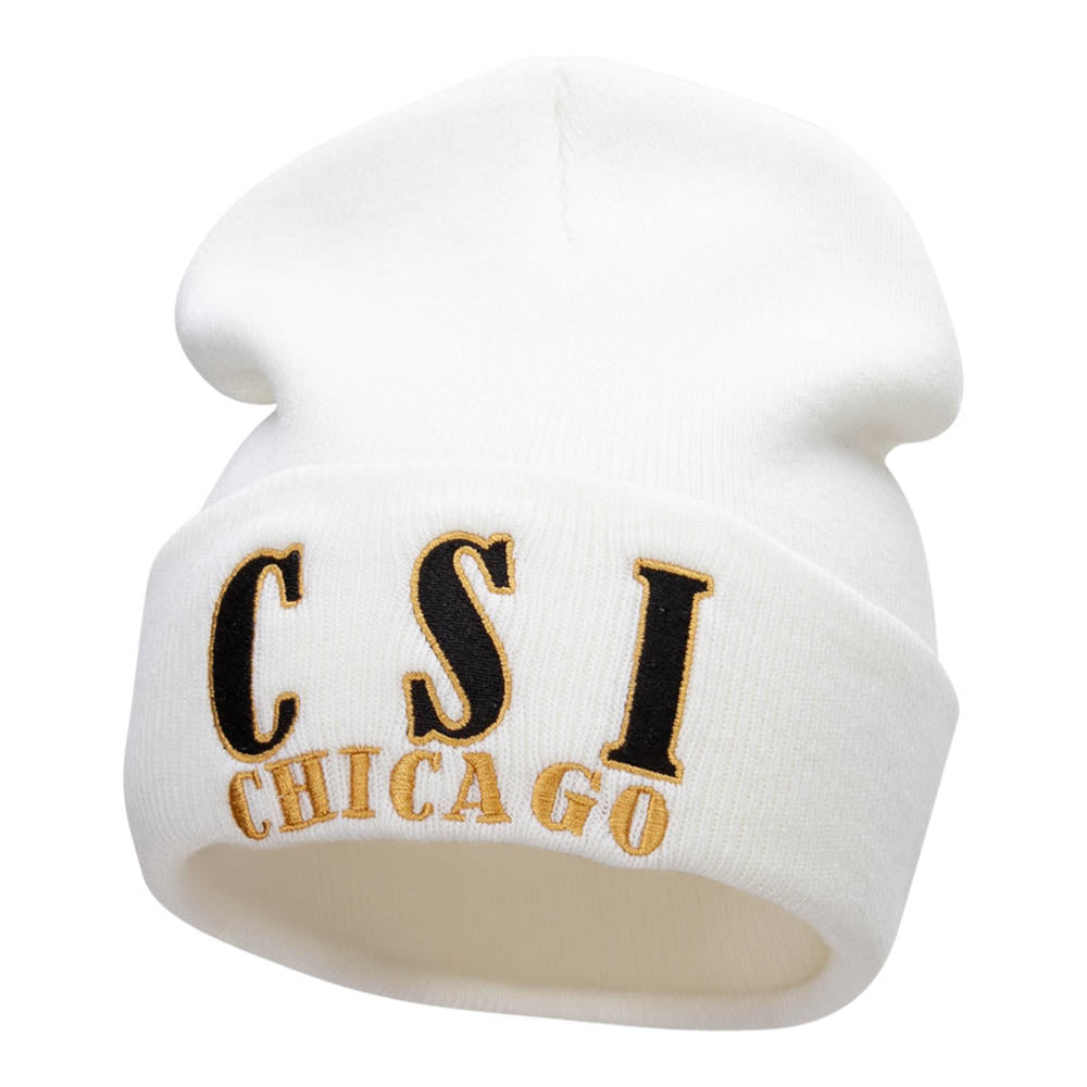 CSI Chicago Embroidered 12 Inch Long Knitted Beanie - White OSFM