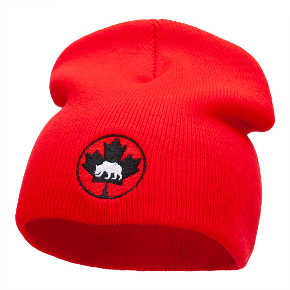 Canada Leaf With Bear Embroidered 8 Inch Knitted Short Beanie - Red OSFM