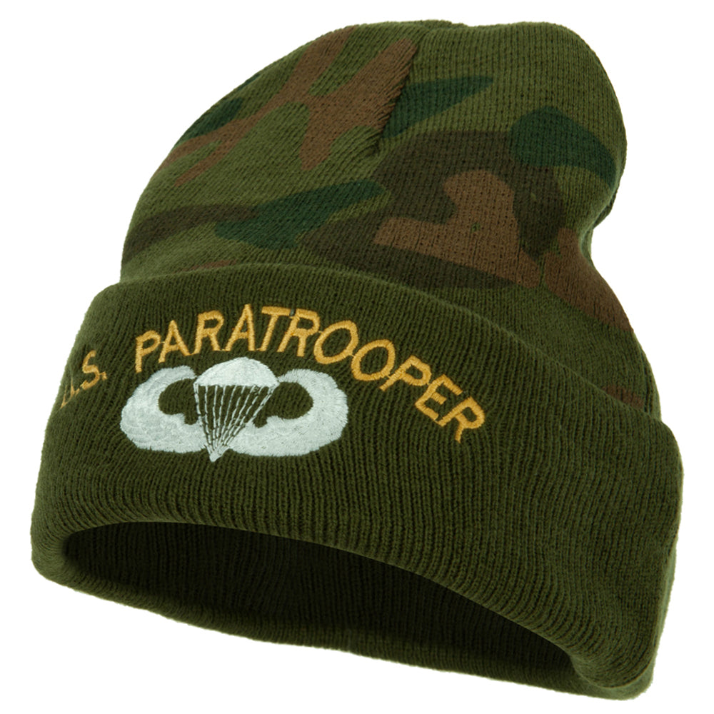 US Army Paratrooper Logo Embroidered Camo Knit Long Cuff Beanie - Green OSFM