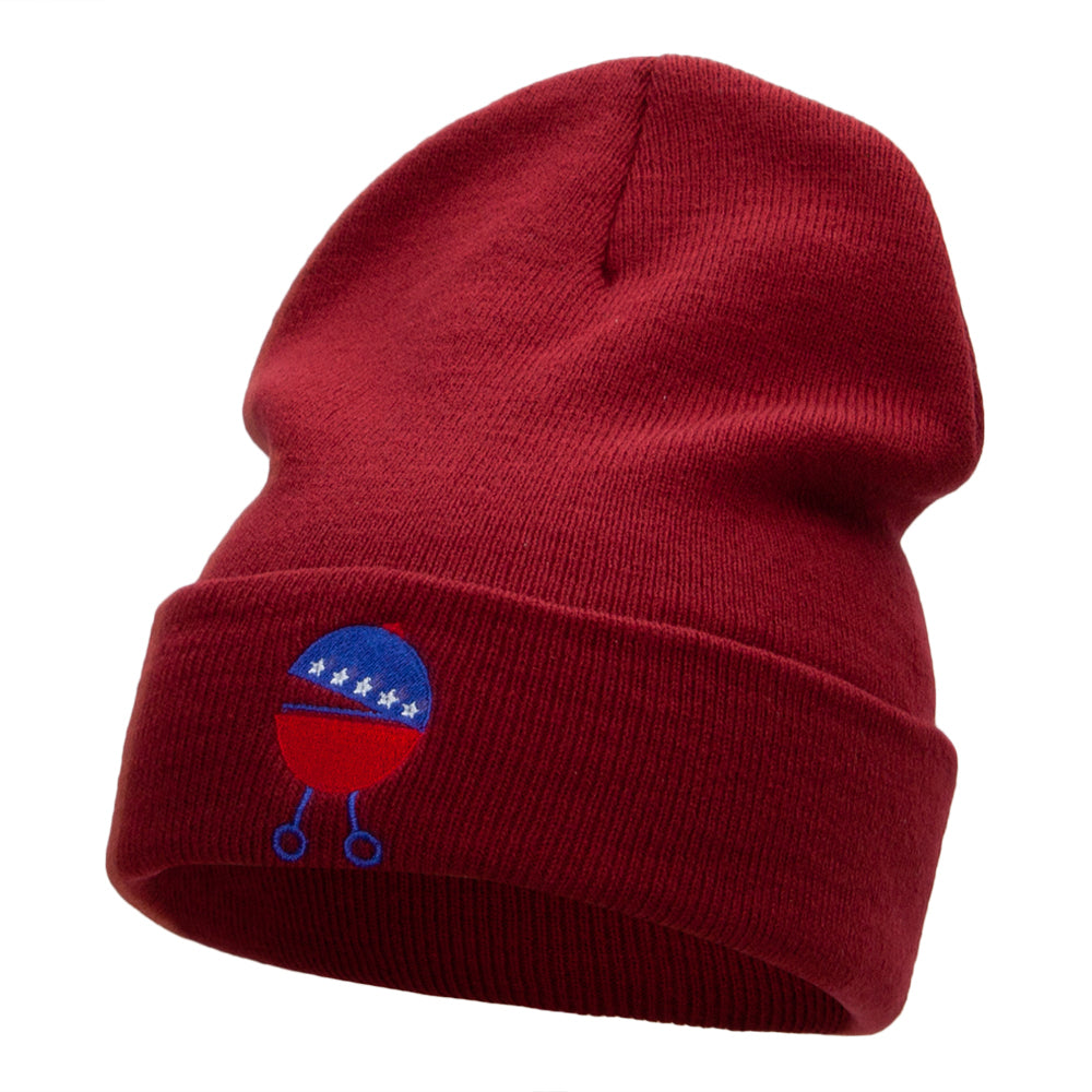 Patriotic Grill Embroidered Long Knitted Beanie - Maroon OSFM