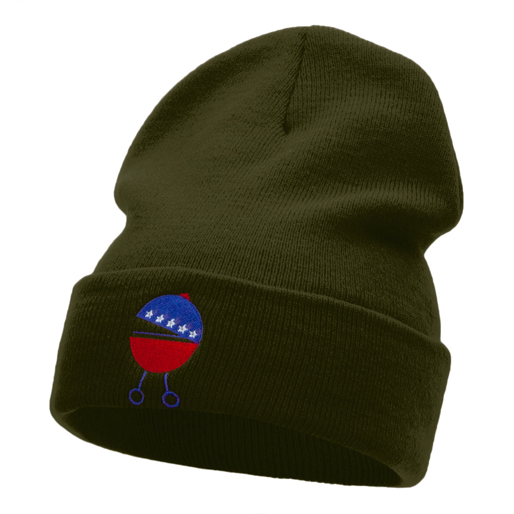 Patriotic Grill Embroidered Long Knitted Beanie - Olive OSFM
