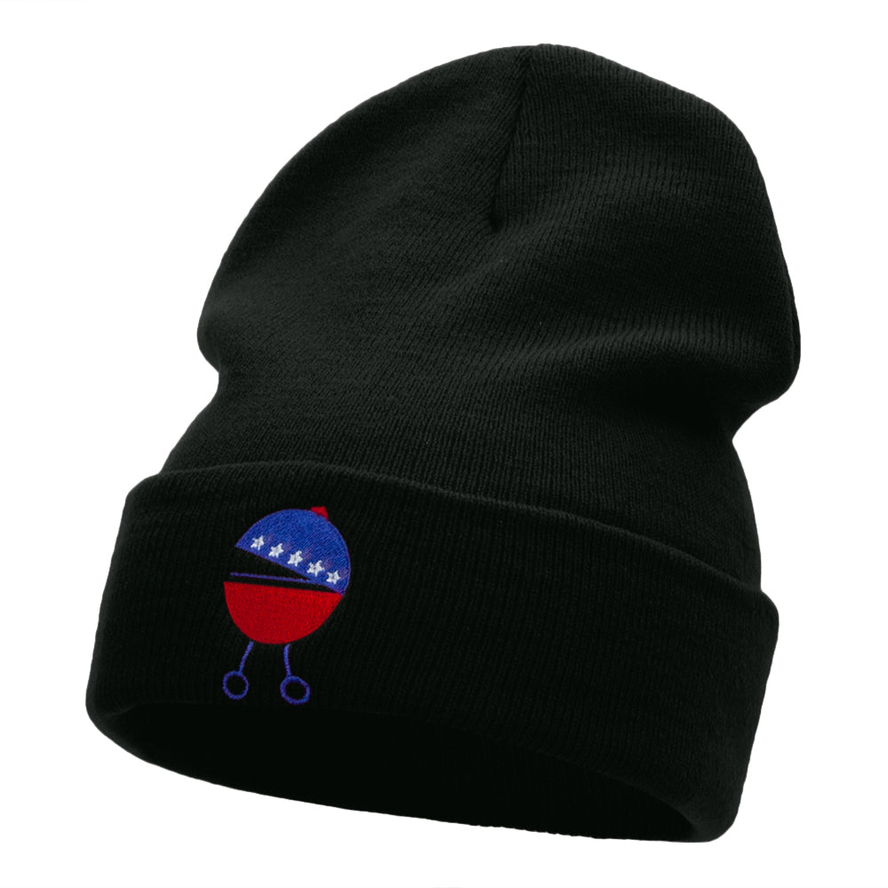 Patriotic Grill Embroidered Long Knitted Beanie - Black OSFM