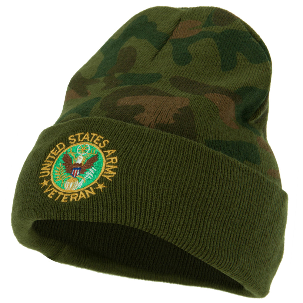 US Army Veteran Circle Logo Embroidered Camo Knit Long Cuff Beanie - Green OSFM