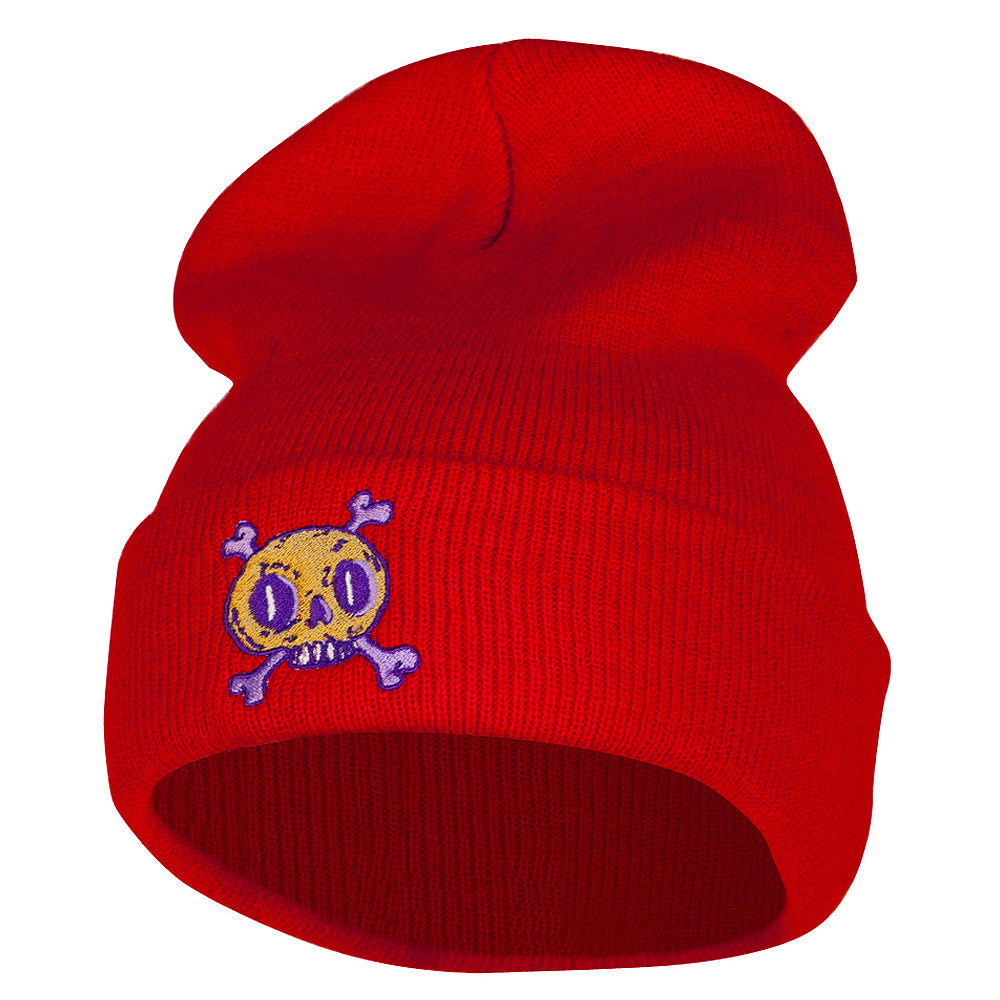 Halloween Skull Embroidered 12 Inch Long Knitted Beanie - Red OSFM