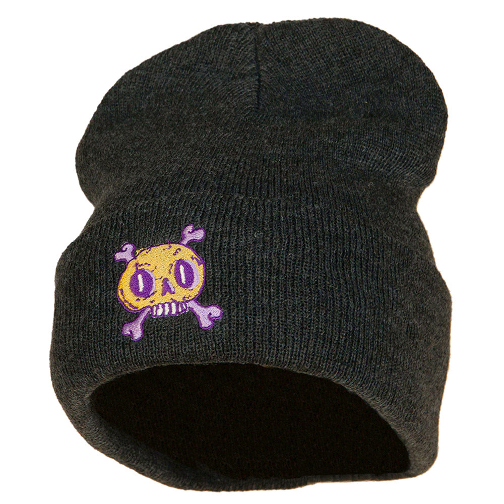 Halloween Skull Embroidered 12 Inch Long Knitted Beanie - Heather Charcoal OSFM