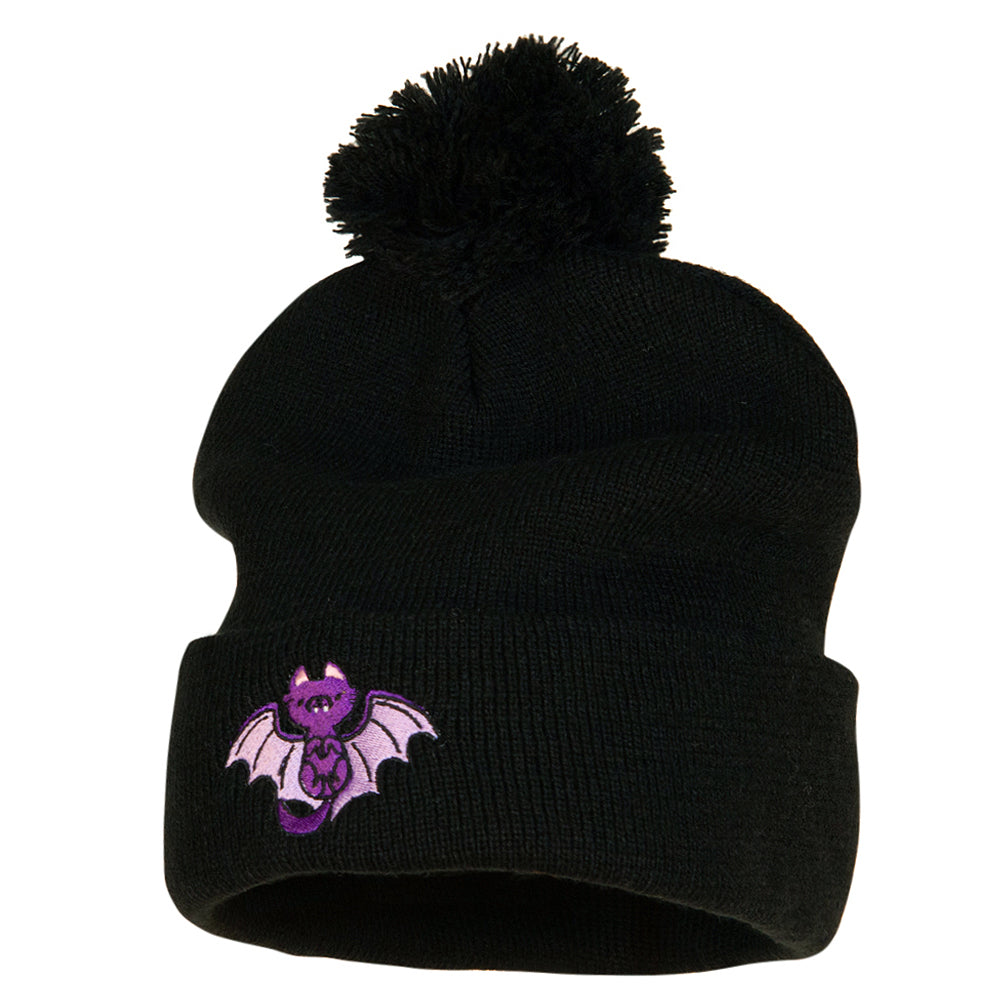 Catula Embroidered Pom Long Beanie with Cuff - Black OSFM