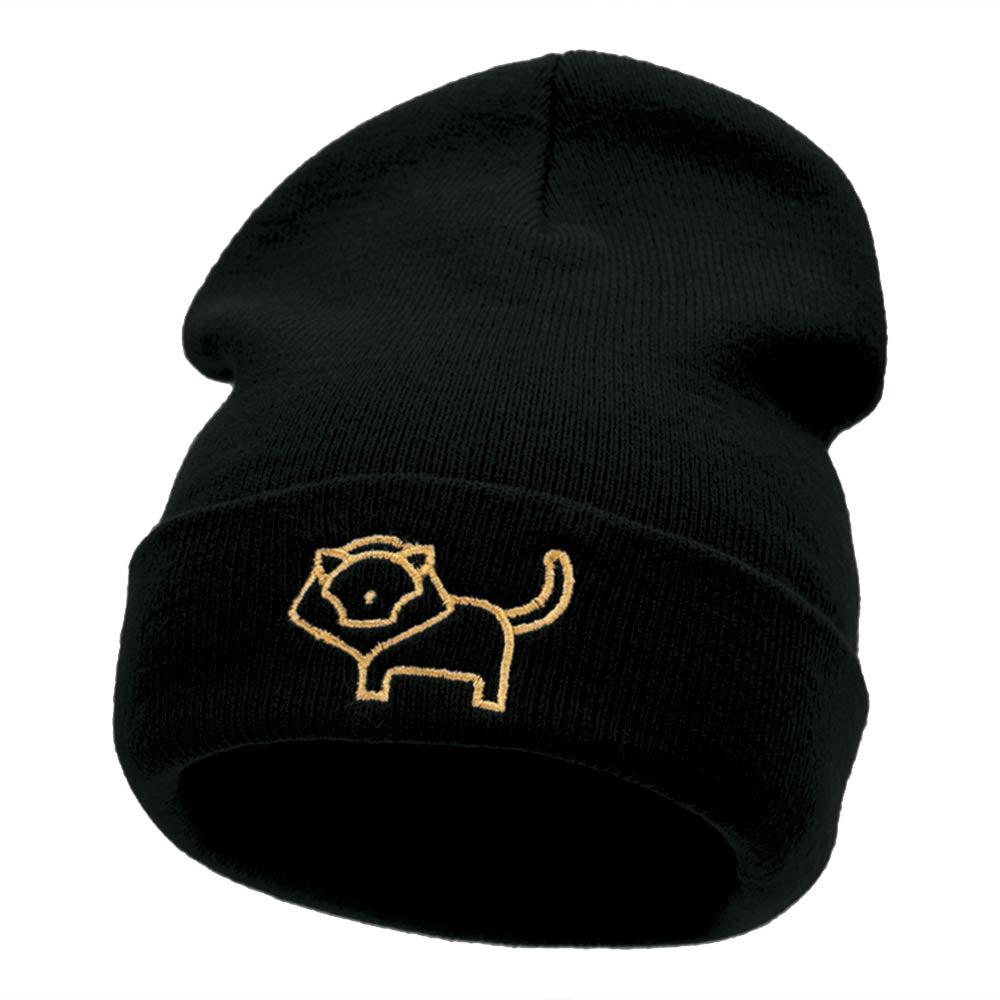 Delicate Lion Outline Embroidered Knitted Long Beanie - Black OSFM