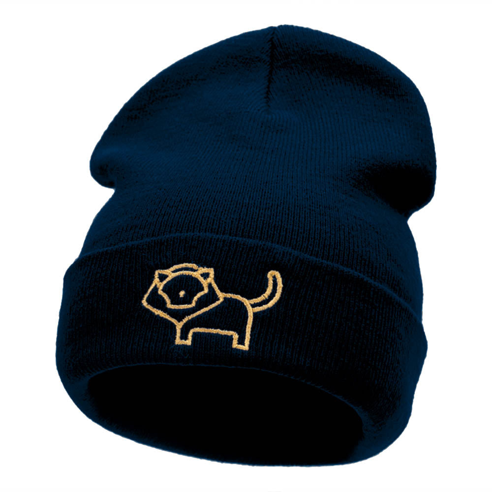 Delicate Lion Outline Embroidered Knitted Long Beanie - Navy OSFM