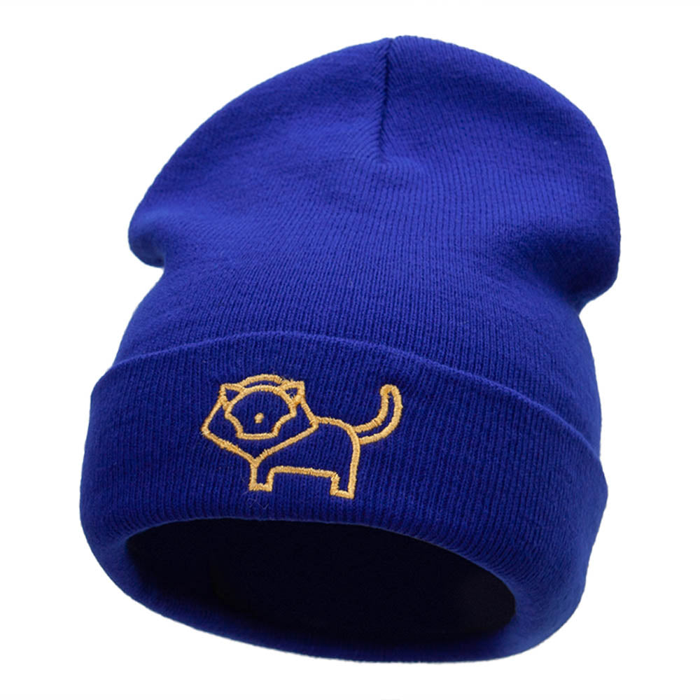 Delicate Lion Outline Embroidered Knitted Long Beanie - Royal OSFM