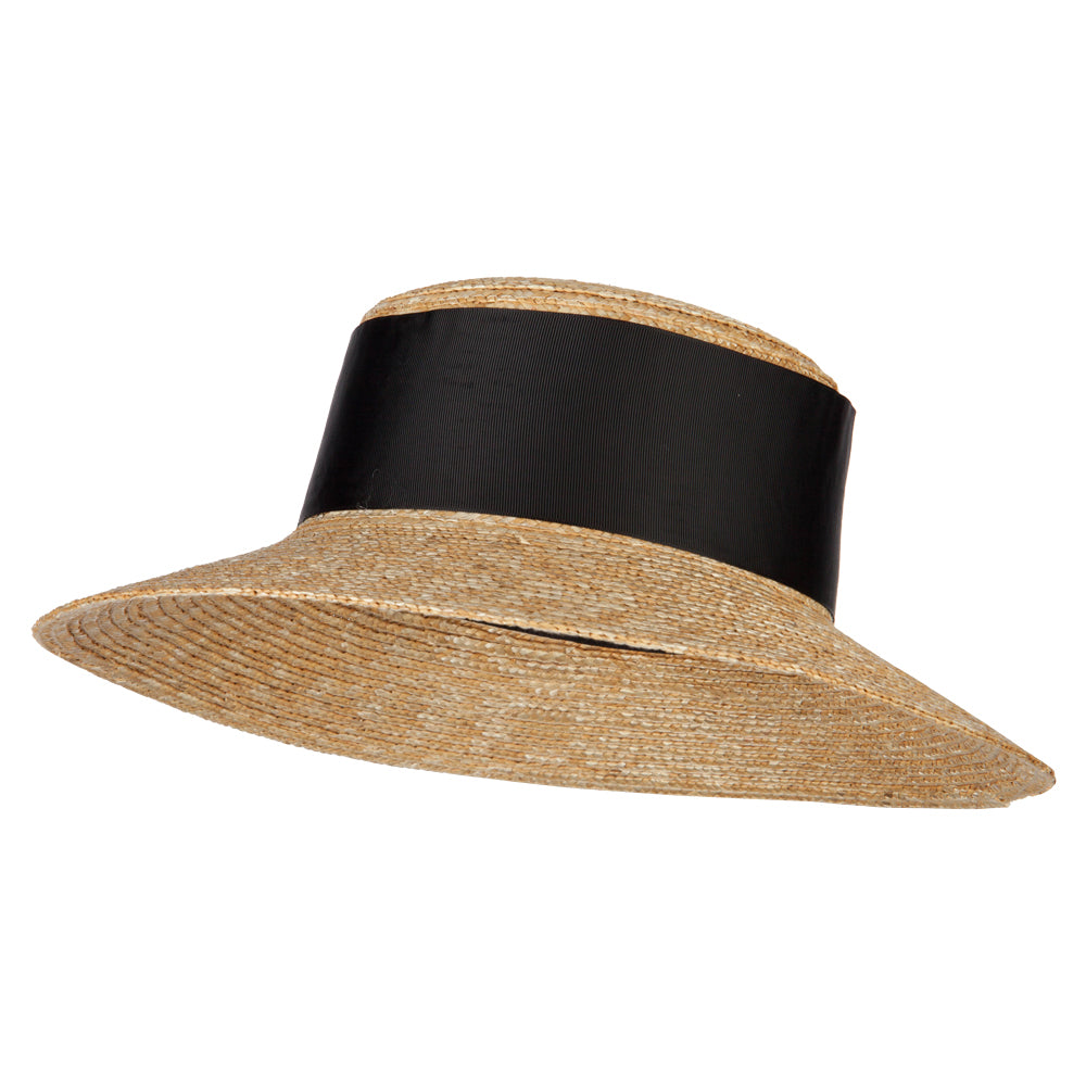 Women&#039;s Straw Wide Band with Pom Pom Accented Boater Hat - Natural OSFM