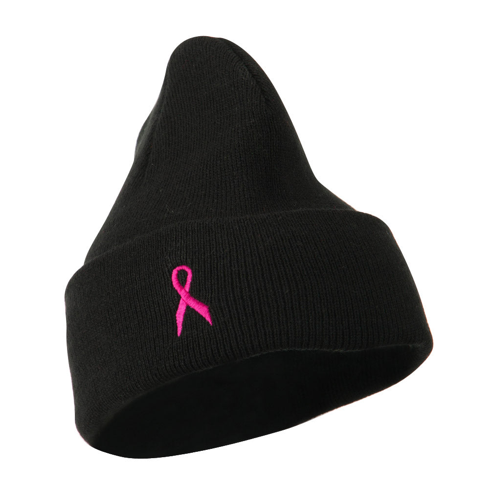 Breast Cancer Ribbon Embroidered Cuff Beanie - Black OSFM