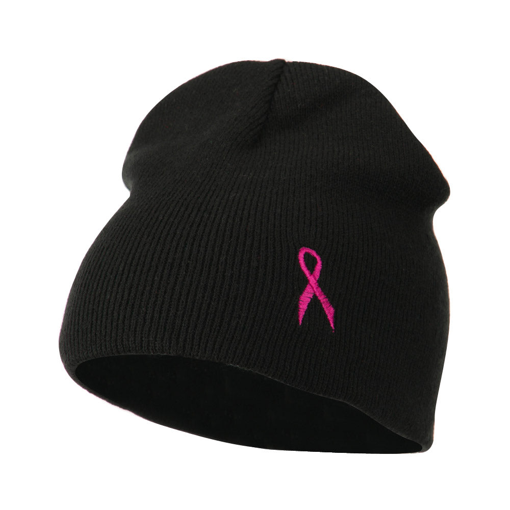 Breast Cancer Ribbon Embroidered Short Beanie - Black OSFM
