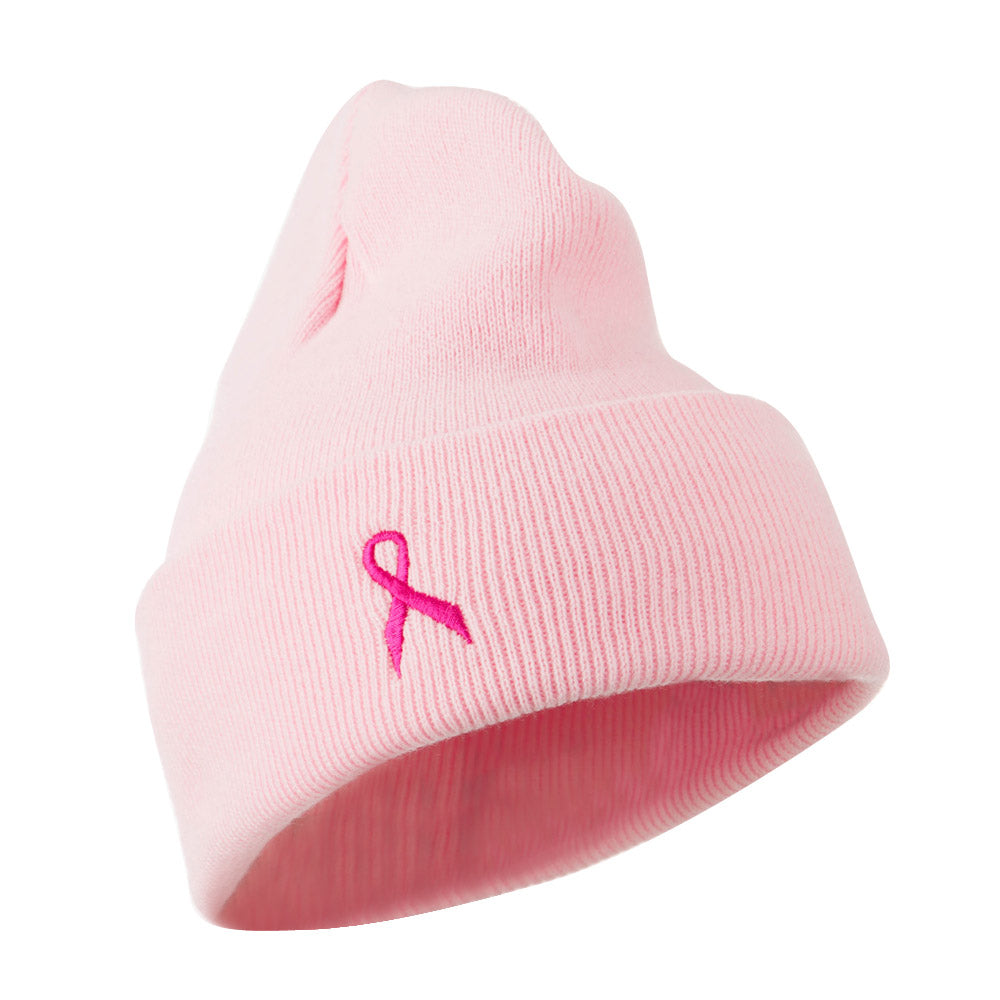Breast Cancer Ribbon Embroidered Cuff Beanie - Pink OSFM