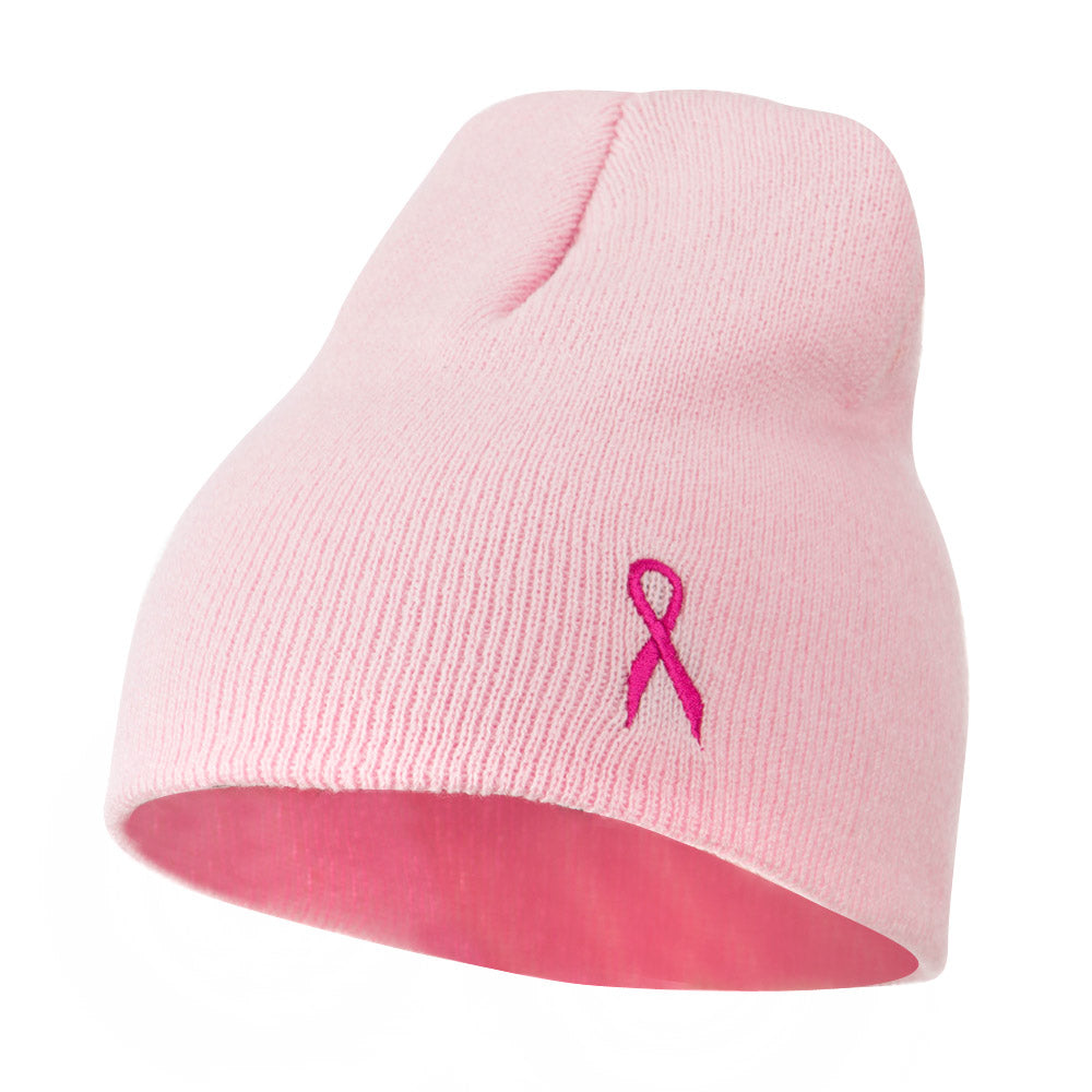 Breast Cancer Ribbon Embroidered Short Beanie - Pink OSFM