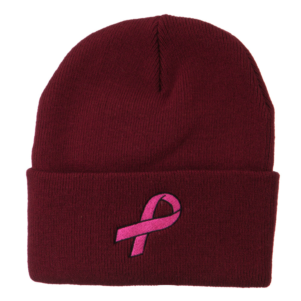 Hot Pink Ribbon Breast Cancer Embroidered Long Cuff Beanie - Maroon OSFM