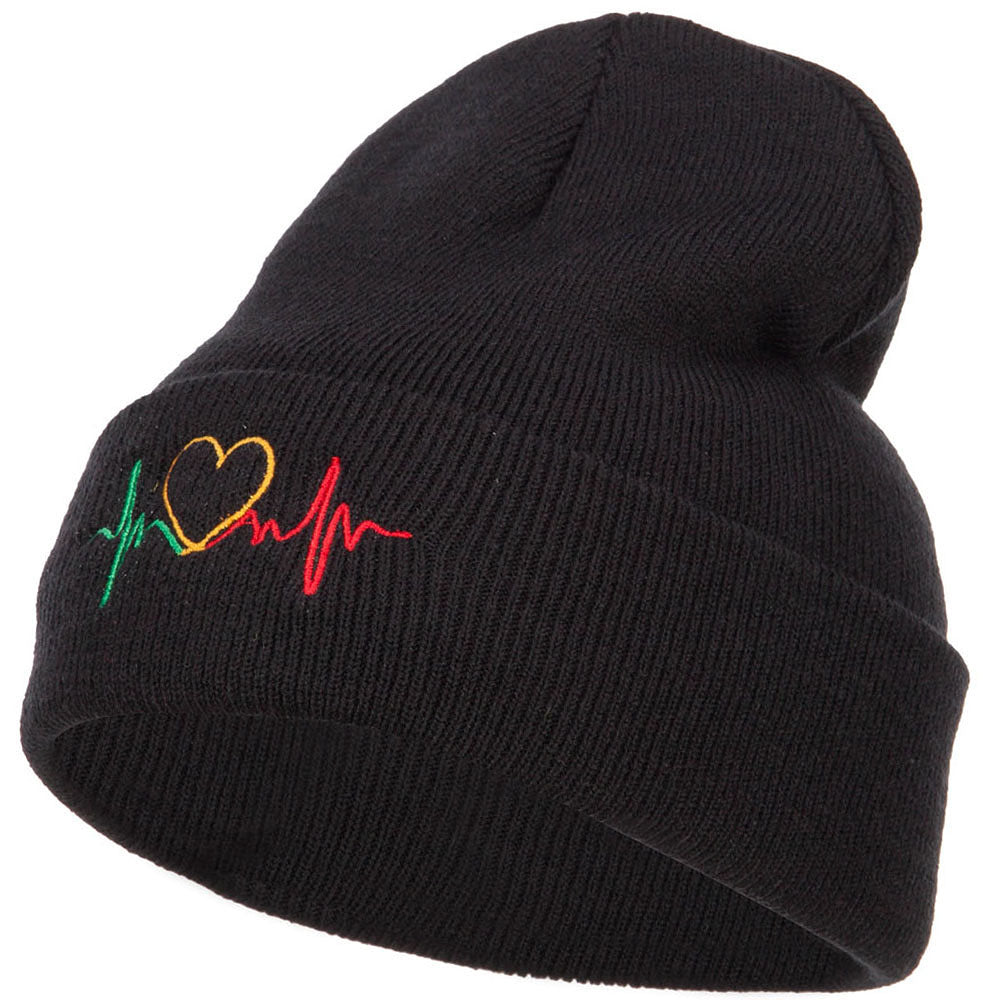Rasta Heart Beat Embroidered Long Beanie - Black OSFM